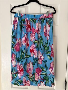 Women’s Sz M: Blue Floral Pleated Skirt